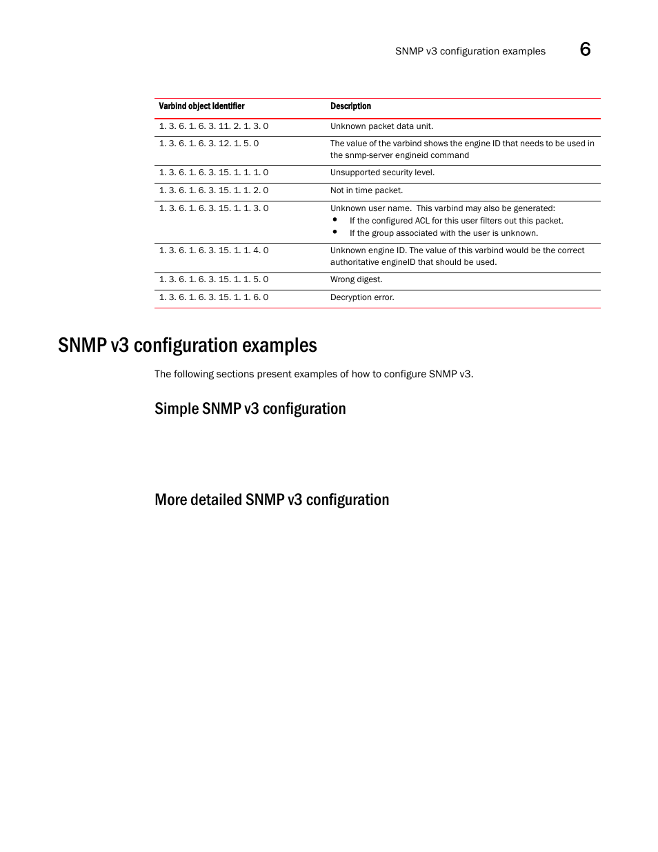 Snmp v3 configuration examples, Simple snmp v3 configuration, More detailed snmp v3 configuration | Snmp v3, Configuration examples | Brocade Communications Systems Brocade ICX 6650 User Manual | Page 187 / 330