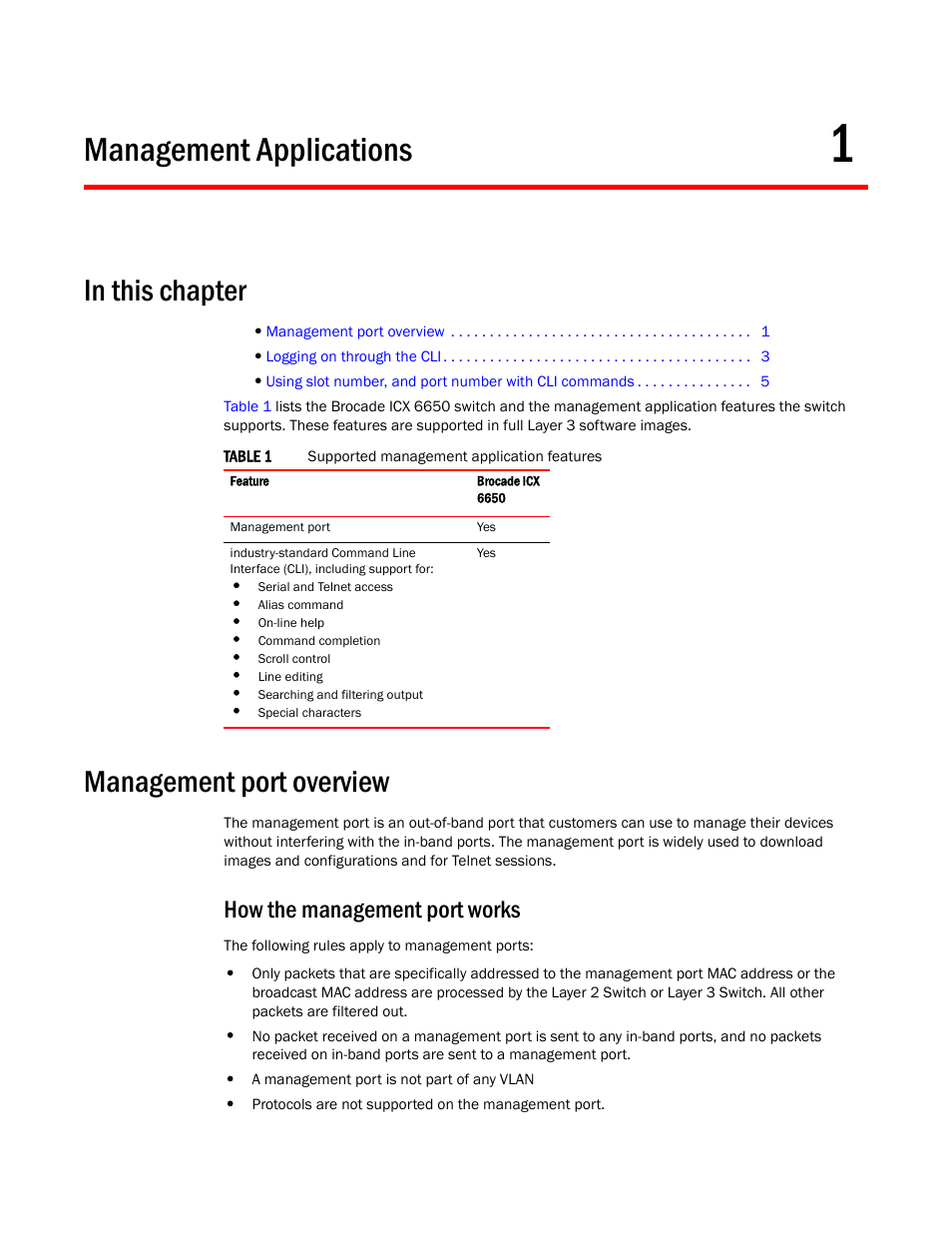 Management applications, Management port overview, How the management port works | Chapter 1 | Brocade Communications Systems Brocade ICX 6650 User Manual | Page 19 / 330