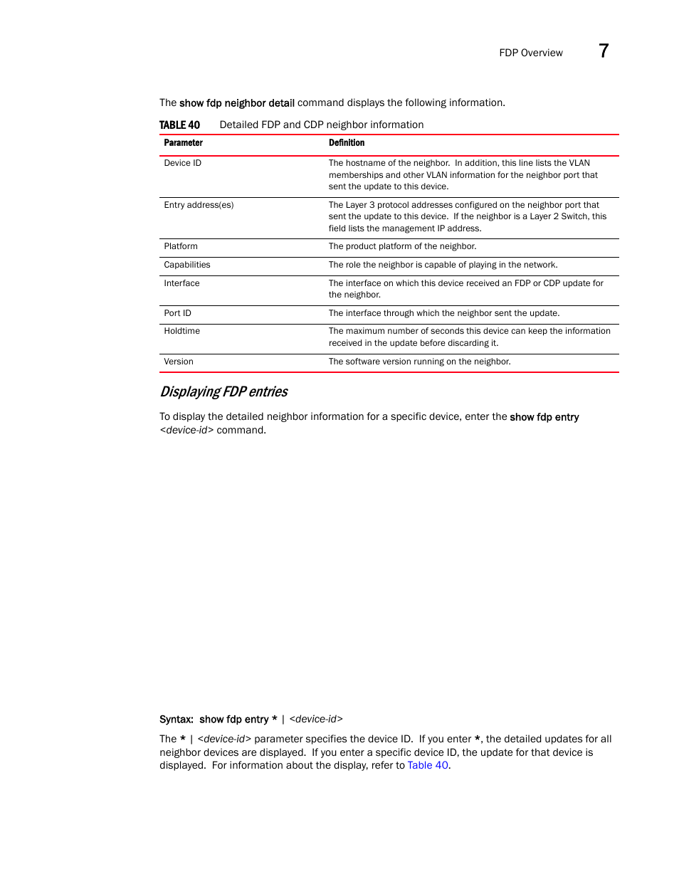 Displaying fdp entries | Brocade Communications Systems Brocade ICX 6650 User Manual | Page 193 / 330