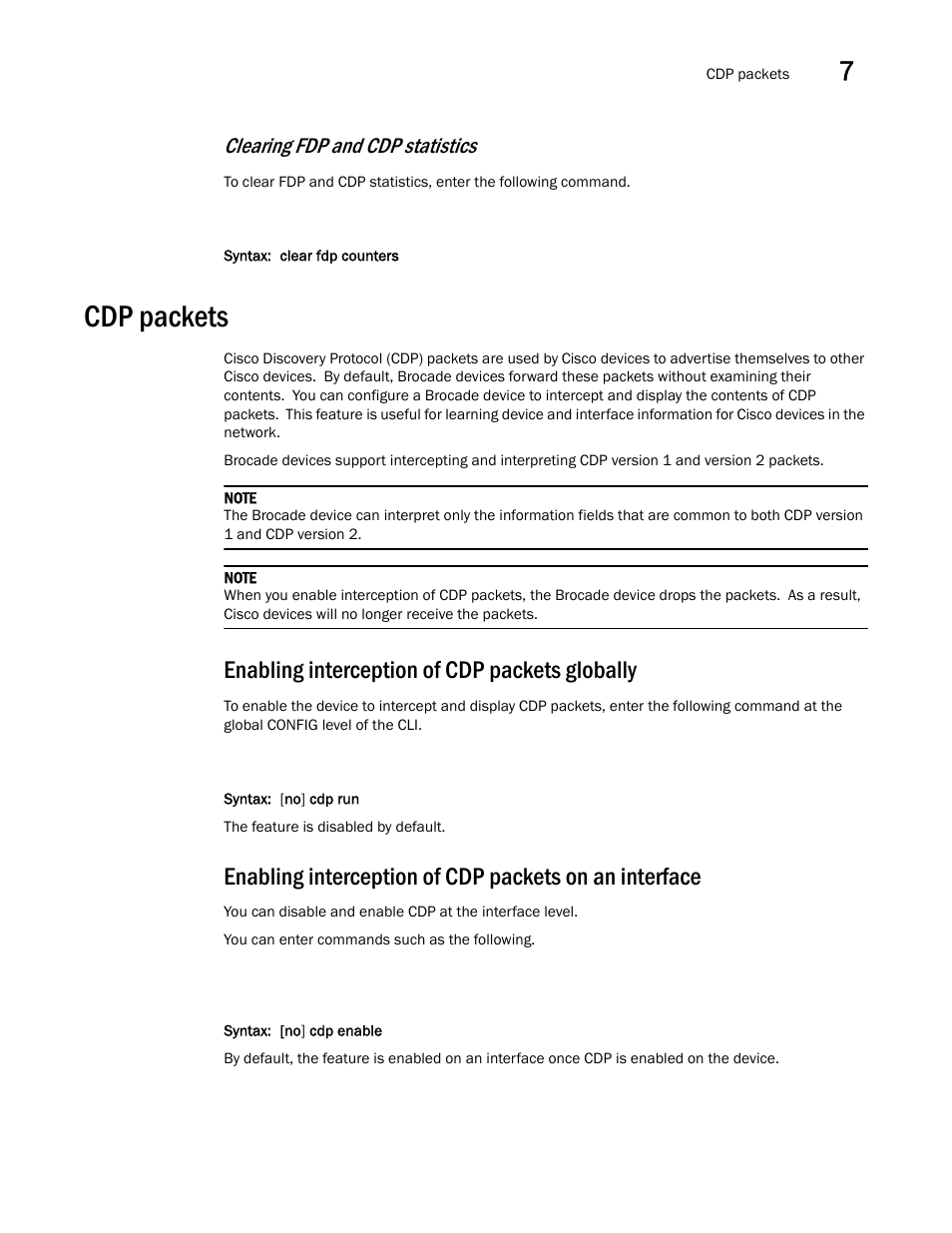 Cdp packets, Enabling interception of cdp packets globally, Clearing fdp and cdp statistics | Brocade Communications Systems Brocade ICX 6650 User Manual | Page 195 / 330