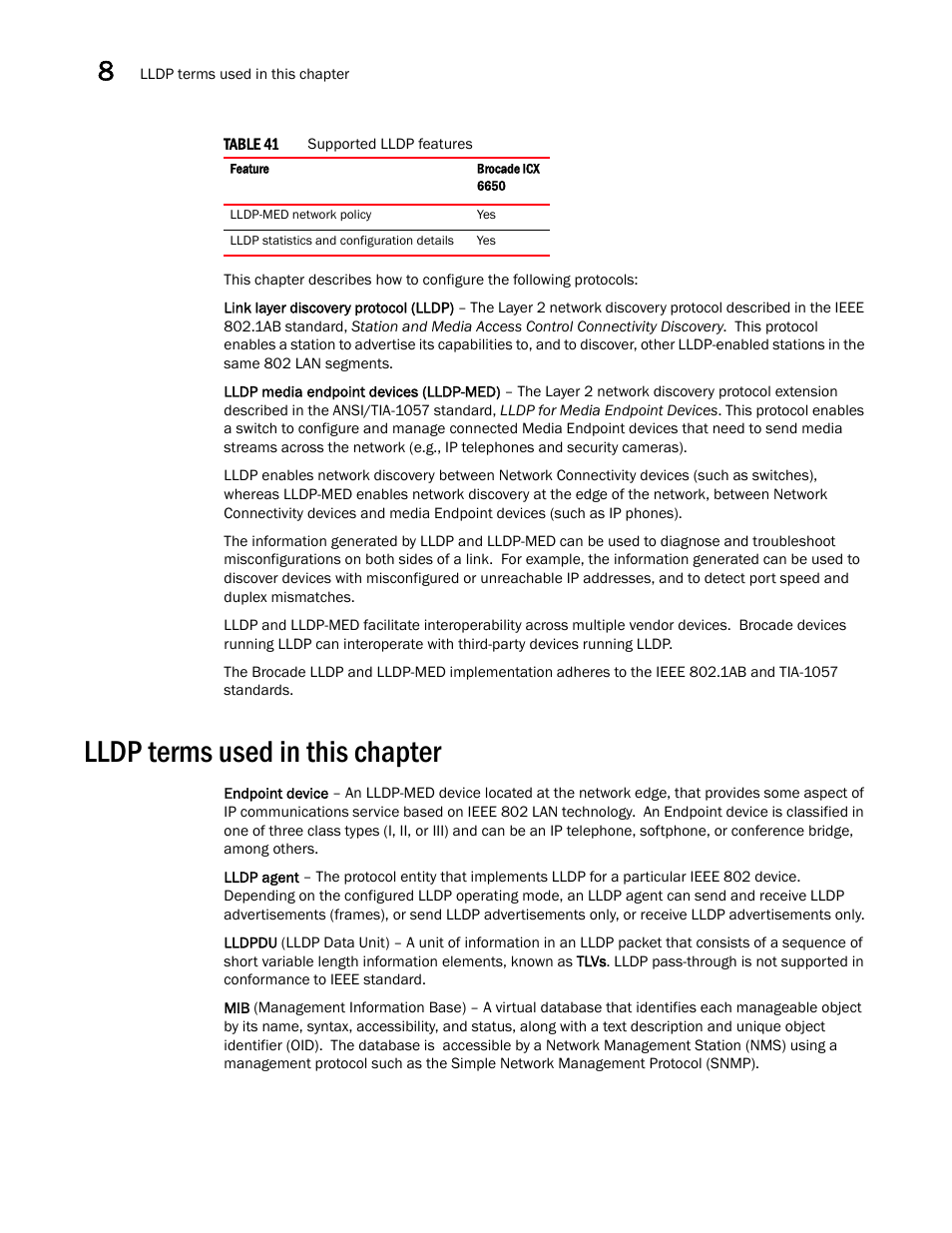 Lldp terms used in this chapter | Brocade Communications Systems Brocade ICX 6650 User Manual | Page 200 / 330