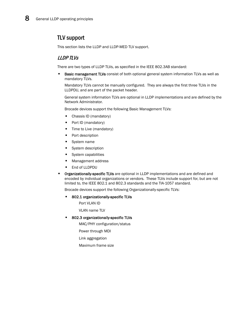 Tlv support, Lldp tlvs | Brocade Communications Systems Brocade ICX 6650 User Manual | Page 206 / 330
