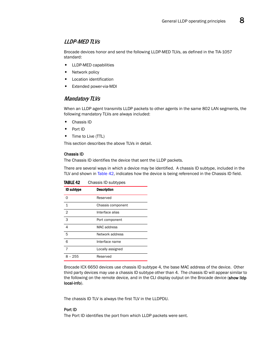 Lldp-med tlvs, Mandatory tlvs | Brocade Communications Systems Brocade ICX 6650 User Manual | Page 207 / 330