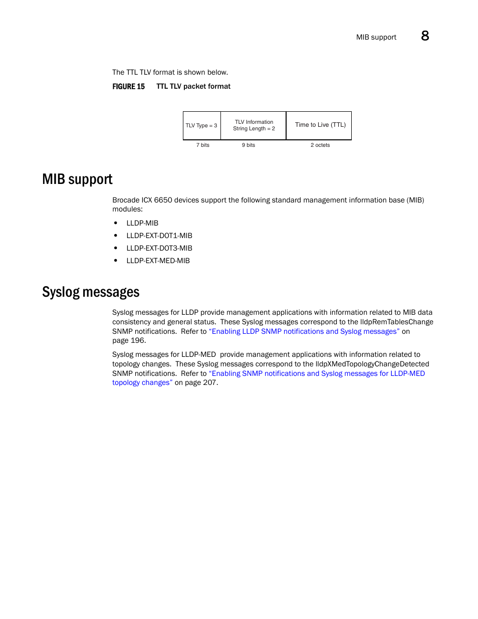 Mib support, Syslog messages | Brocade Communications Systems Brocade ICX 6650 User Manual | Page 209 / 330