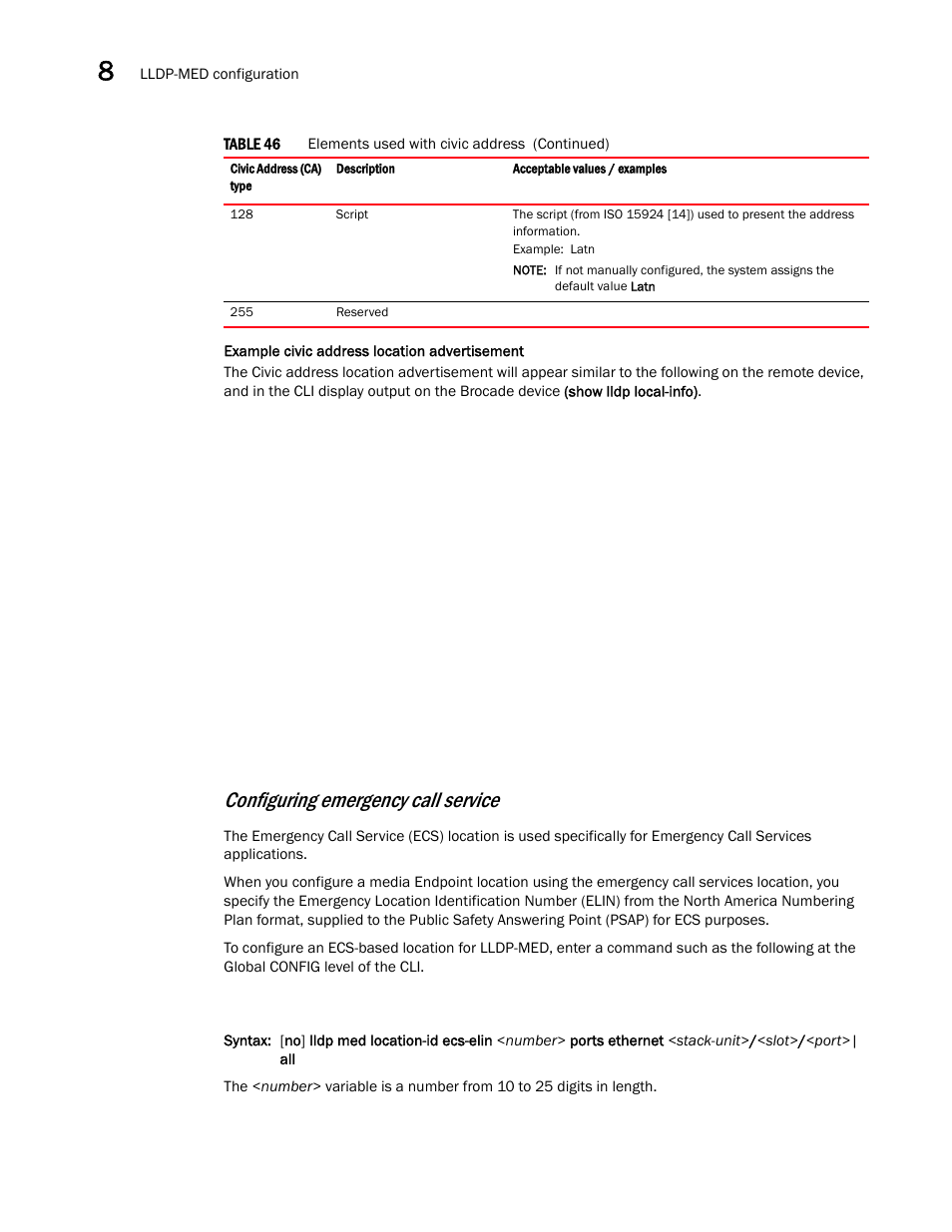 Configuring emergency call service | Brocade Communications Systems Brocade ICX 6650 User Manual | Page 232 / 330