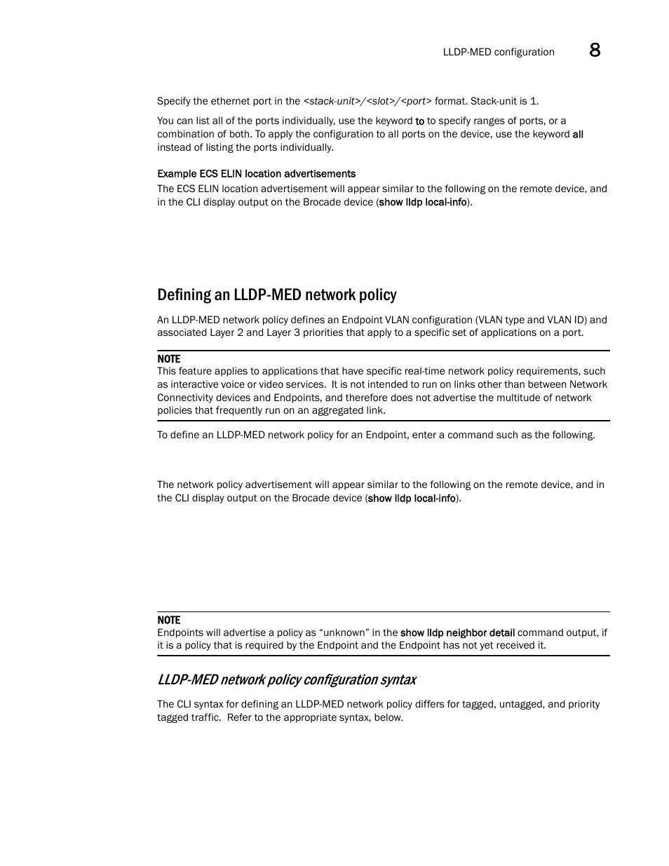 Defining an lldp-med network policy, Lldp-med network policy configuration syntax | Brocade Communications Systems Brocade ICX 6650 User Manual | Page 233 / 330