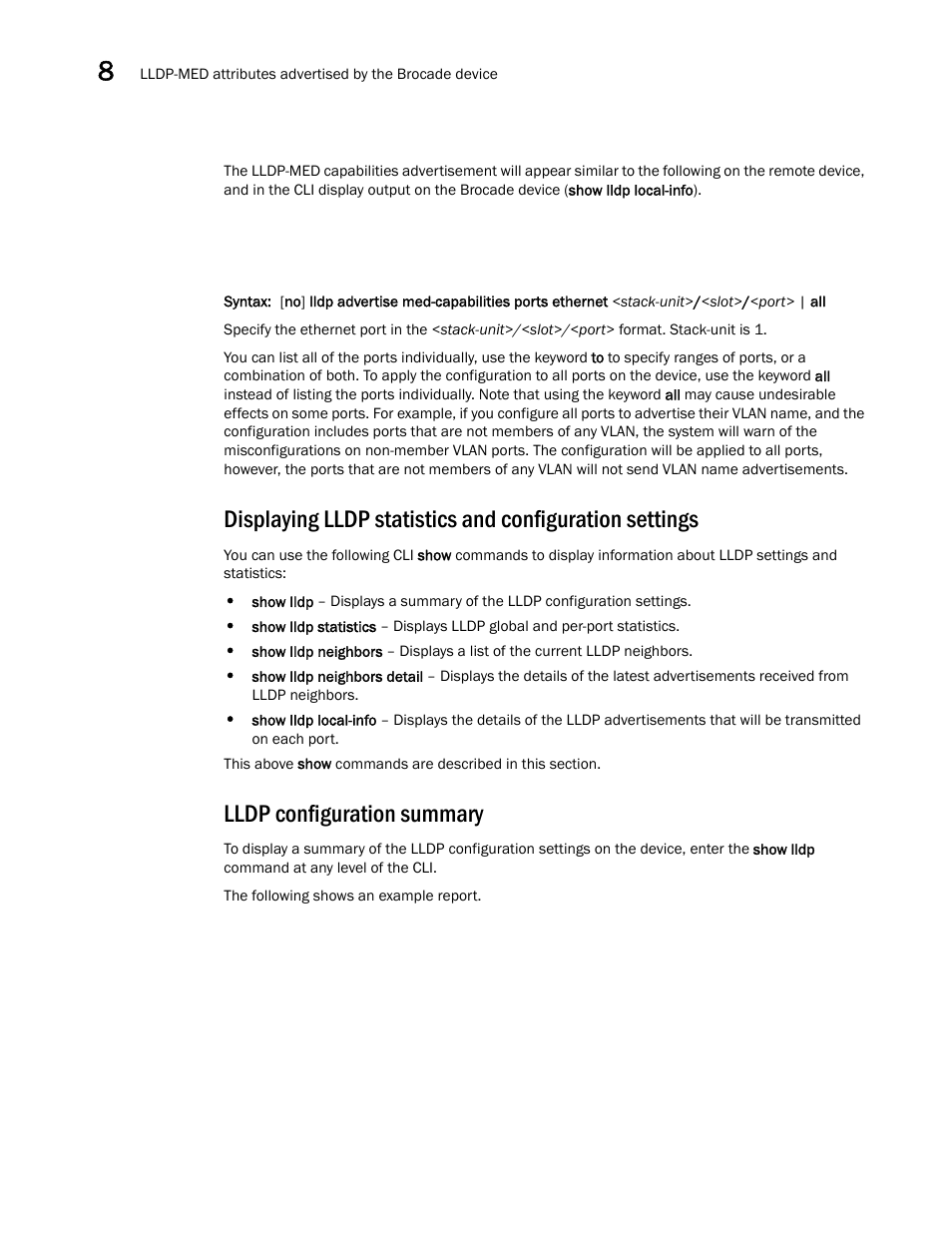 Lldp configuration summary | Brocade Communications Systems Brocade ICX 6650 User Manual | Page 236 / 330
