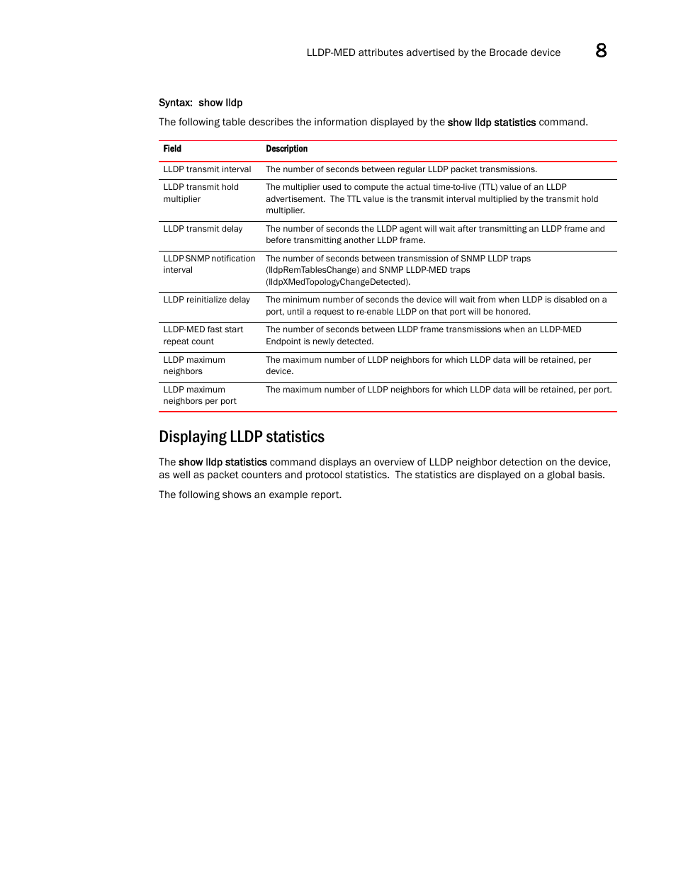 Displaying lldp statistics | Brocade Communications Systems Brocade ICX 6650 User Manual | Page 237 / 330