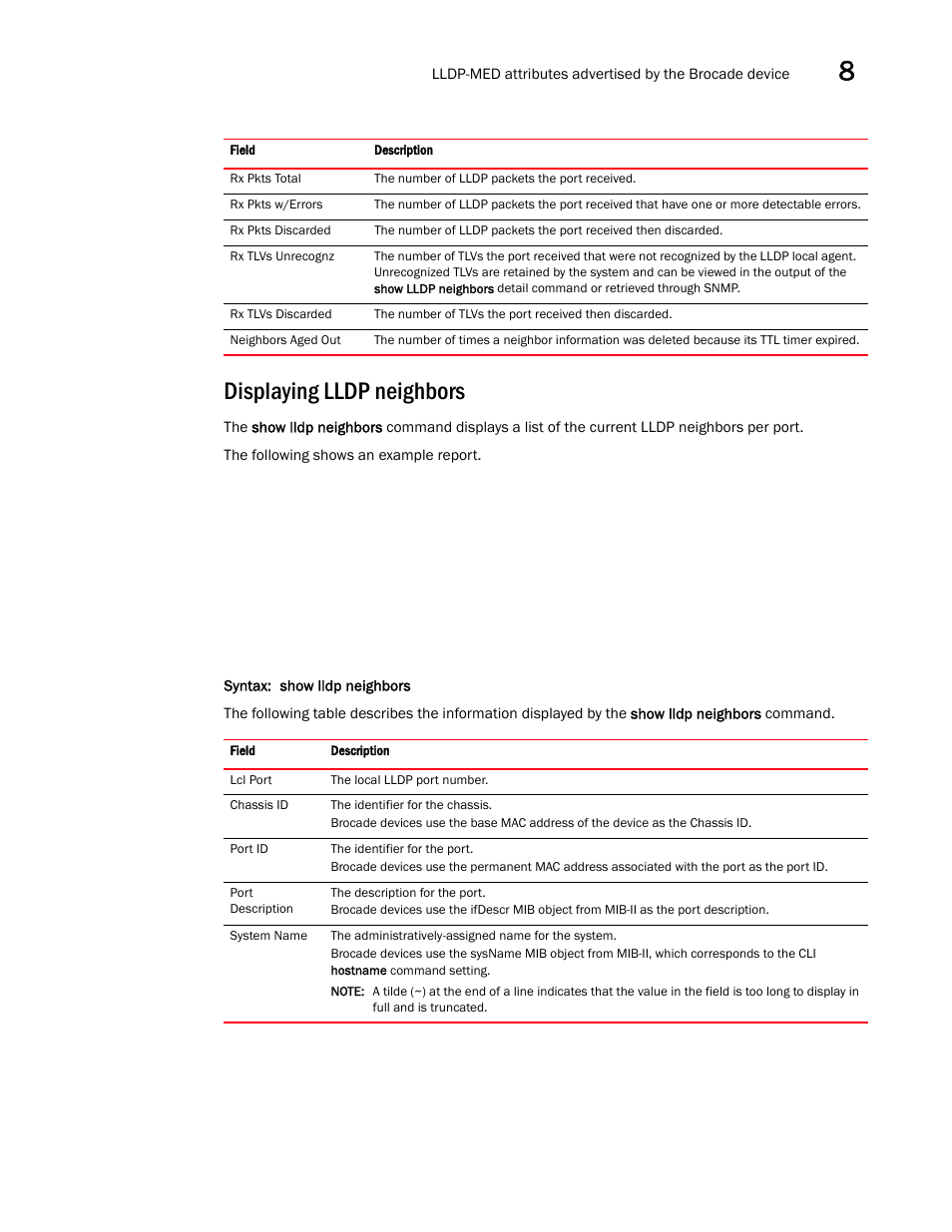 Displaying lldp neighbors | Brocade Communications Systems Brocade ICX 6650 User Manual | Page 239 / 330