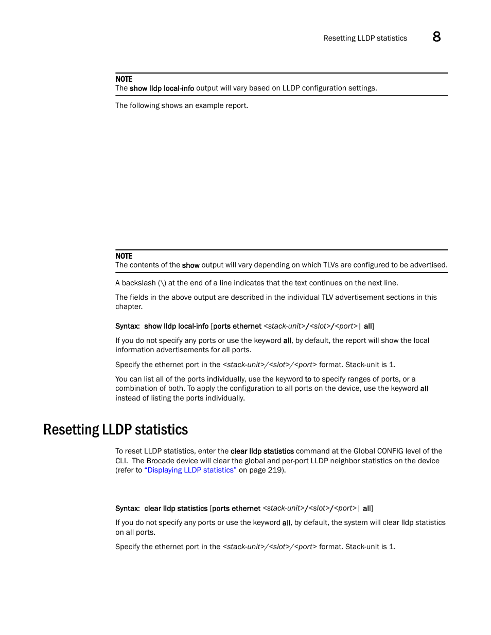 Resetting lldp statistics | Brocade Communications Systems Brocade ICX 6650 User Manual | Page 241 / 330