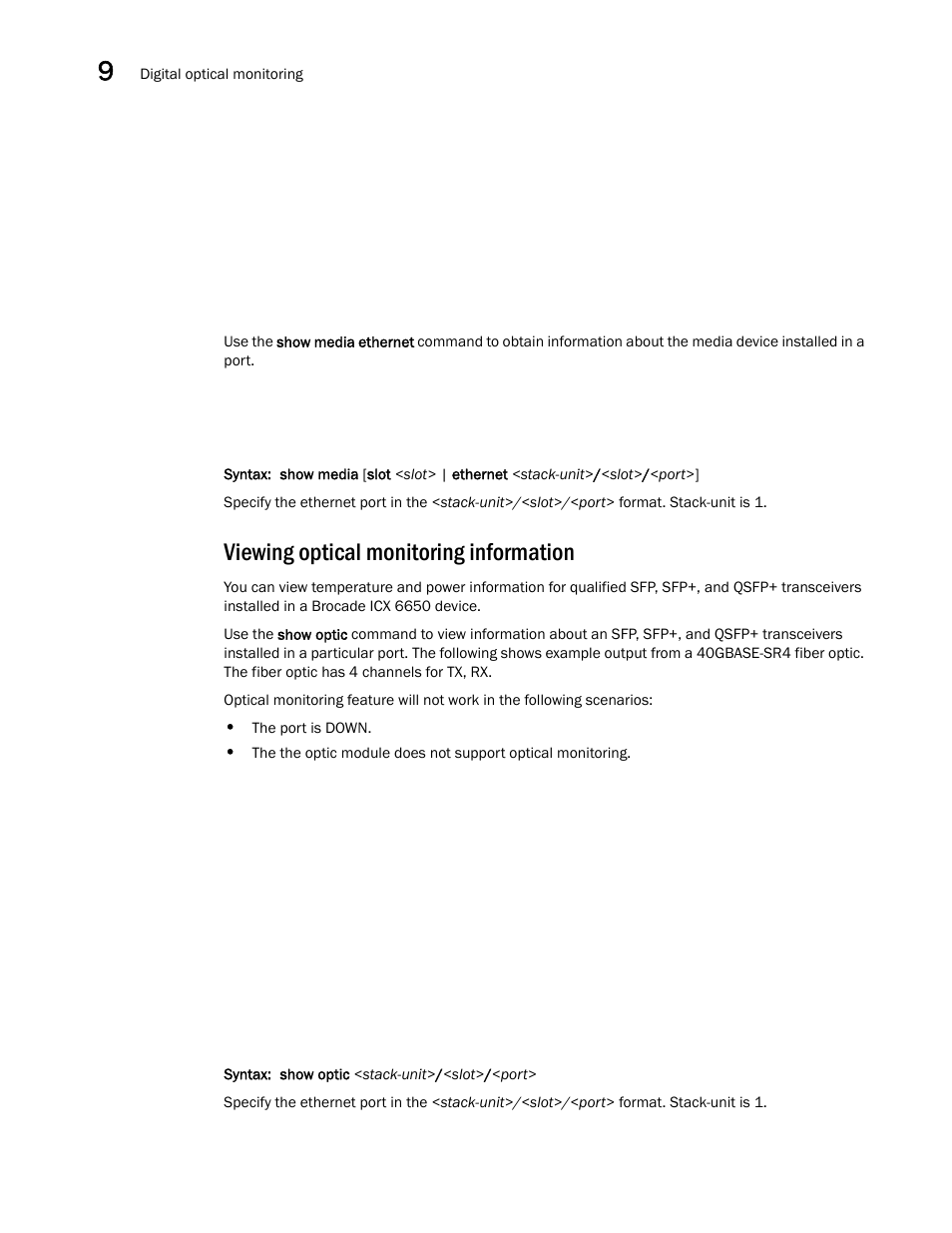 Viewing optical monitoring information | Brocade Communications Systems Brocade ICX 6650 User Manual | Page 246 / 330