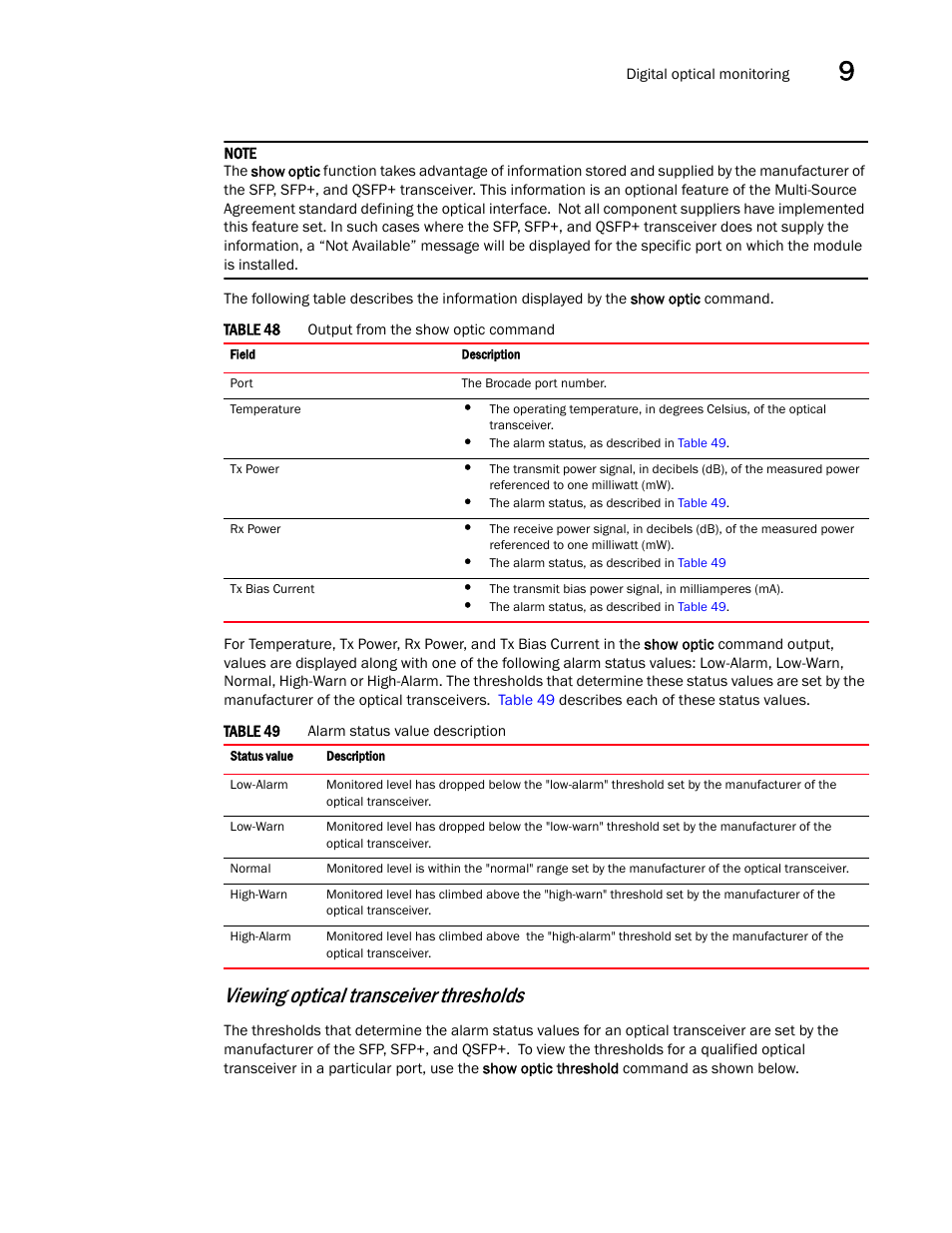 Viewing optical transceiver thresholds | Brocade Communications Systems Brocade ICX 6650 User Manual | Page 247 / 330