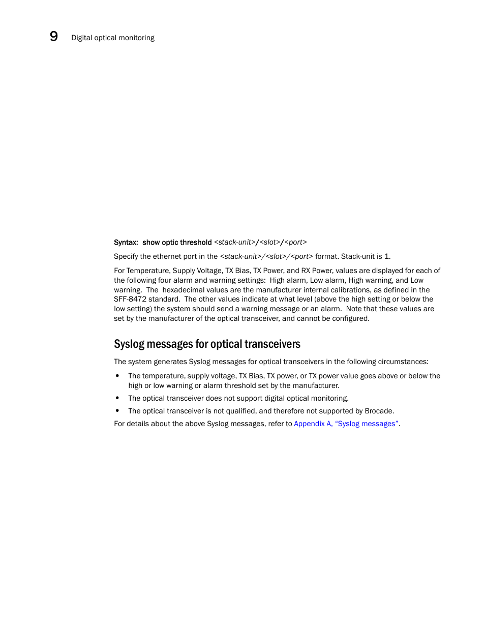 Syslog messages for optical transceivers | Brocade Communications Systems Brocade ICX 6650 User Manual | Page 248 / 330