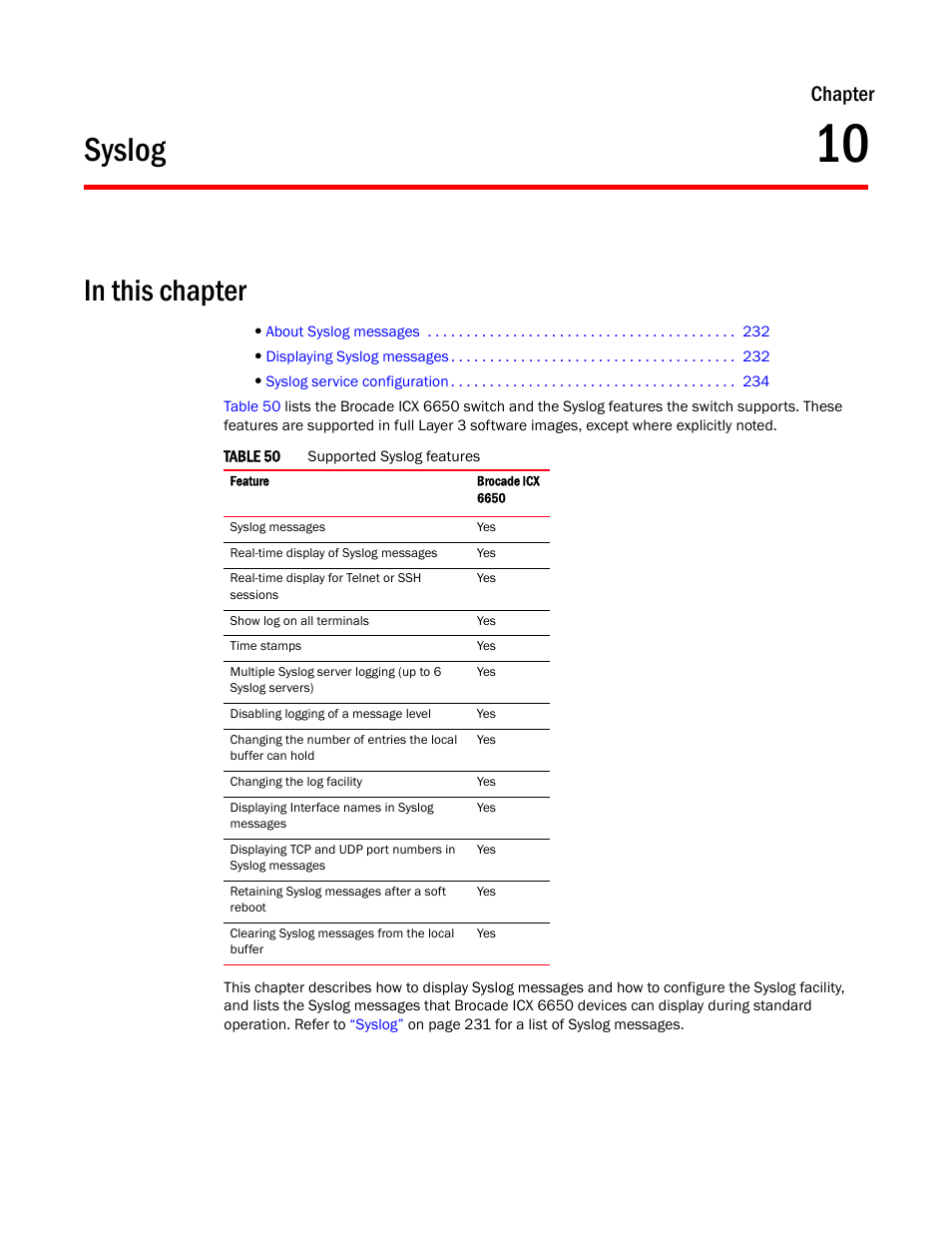 Syslog, Chapter 10, Chapter | Brocade Communications Systems Brocade ICX 6650 User Manual | Page 249 / 330