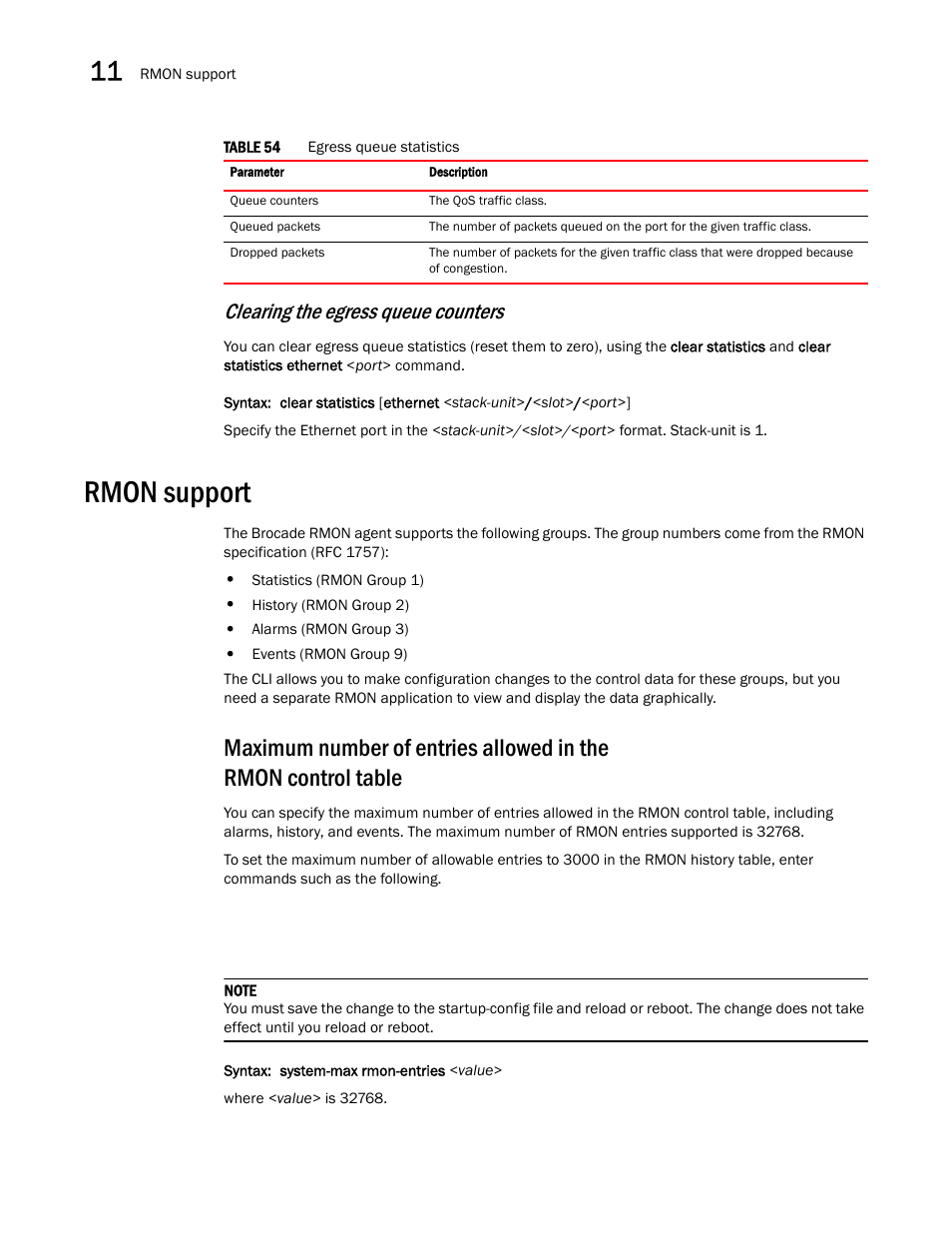 Rmon support, Clearing the egress queue counters | Brocade Communications Systems Brocade ICX 6650 User Manual | Page 268 / 330