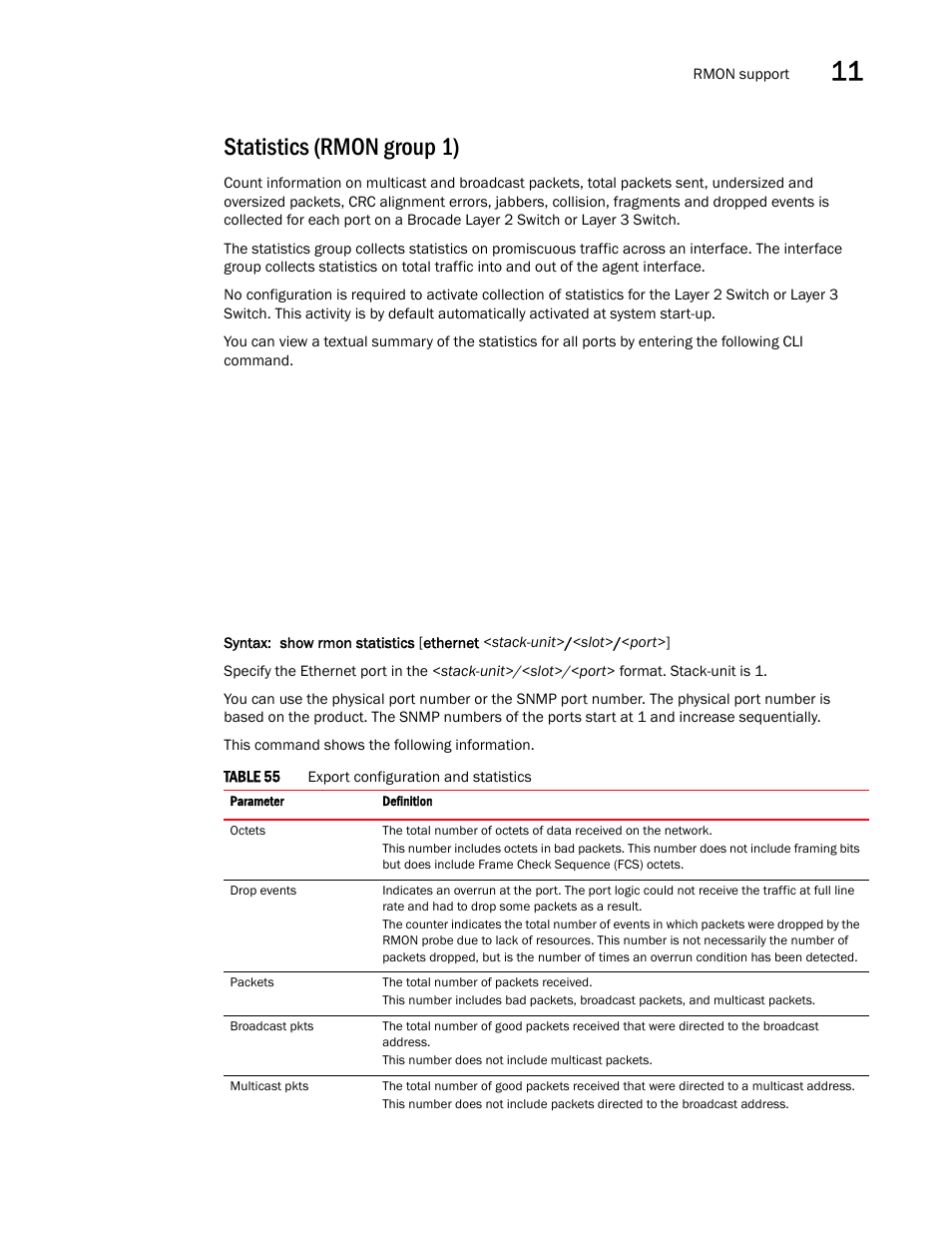 Statistics (rmon group 1) | Brocade Communications Systems Brocade ICX 6650 User Manual | Page 269 / 330