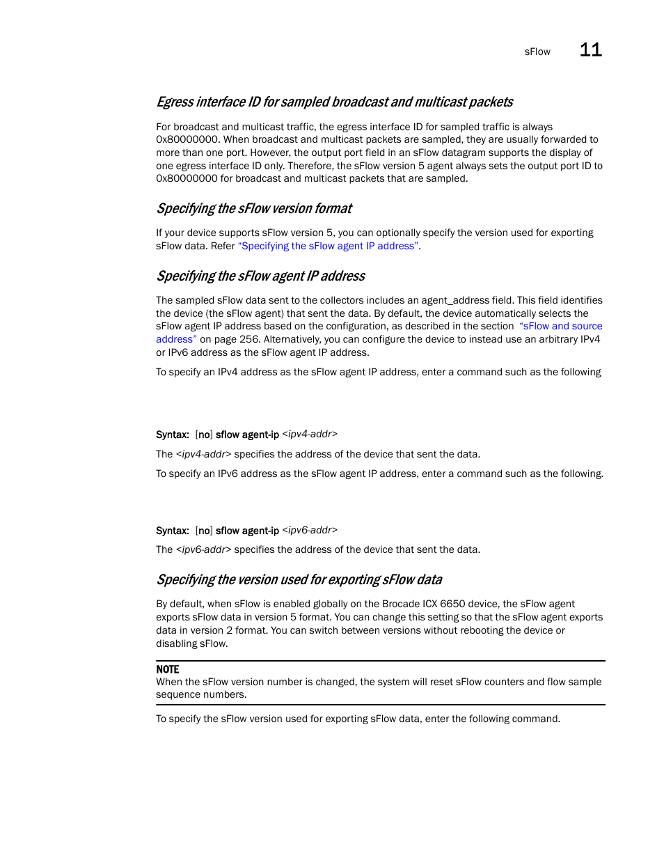 Specifying the sflow agent ip address, Specifying the sflow version format | Brocade Communications Systems Brocade ICX 6650 User Manual | Page 283 / 330