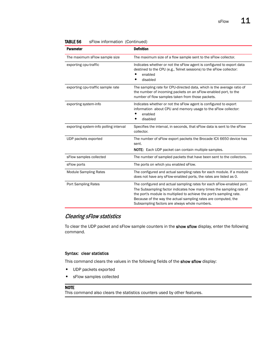Clearing sflow statistics | Brocade Communications Systems Brocade ICX 6650 User Manual | Page 287 / 330