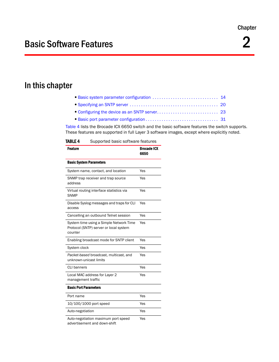 Basic software features, Chapter 2, Chapter | Brocade Communications Systems Brocade ICX 6650 User Manual | Page 31 / 330