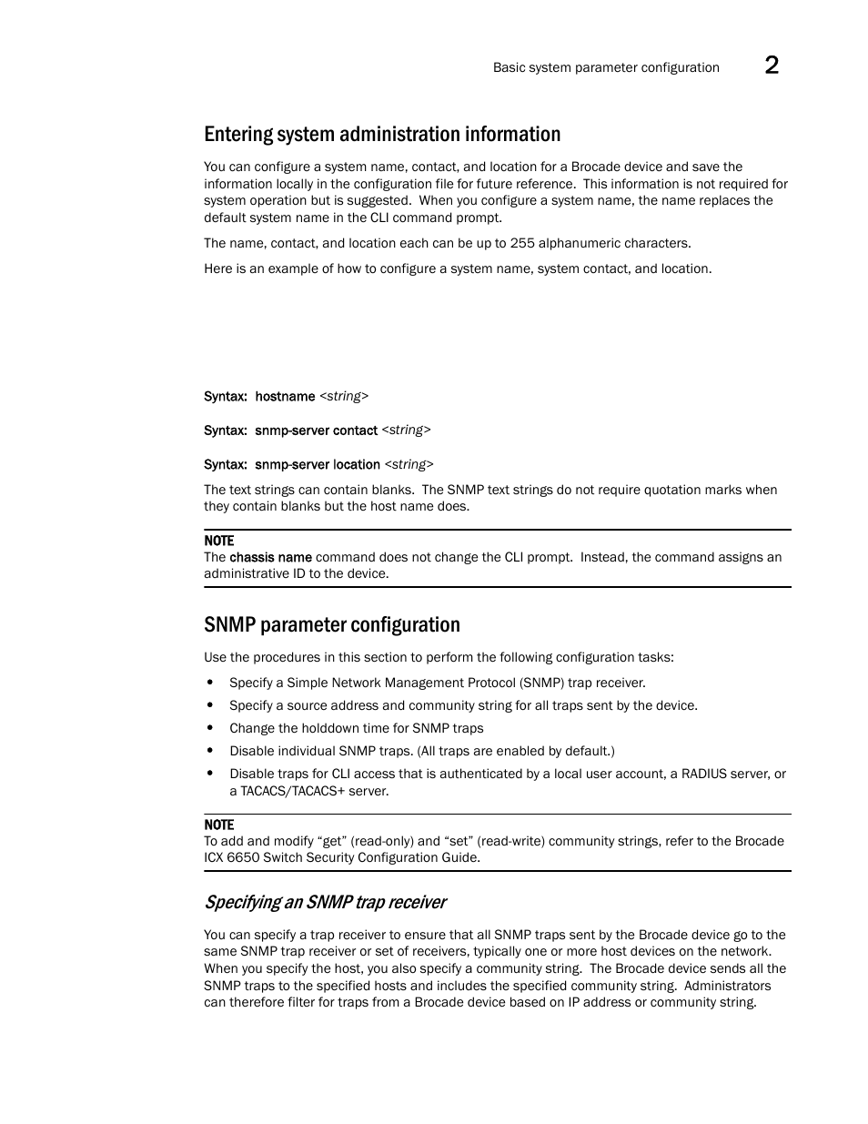Entering system administration information, Snmp parameter configuration, Specifying an snmp trap receiver | Brocade Communications Systems Brocade ICX 6650 User Manual | Page 33 / 330