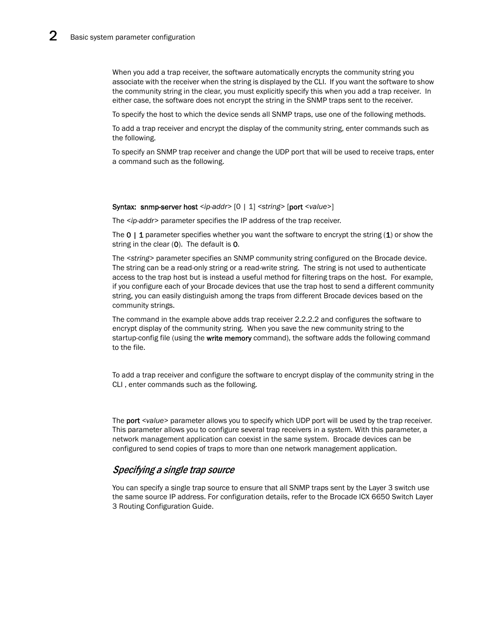 Specifying a single trap source | Brocade Communications Systems Brocade ICX 6650 User Manual | Page 34 / 330