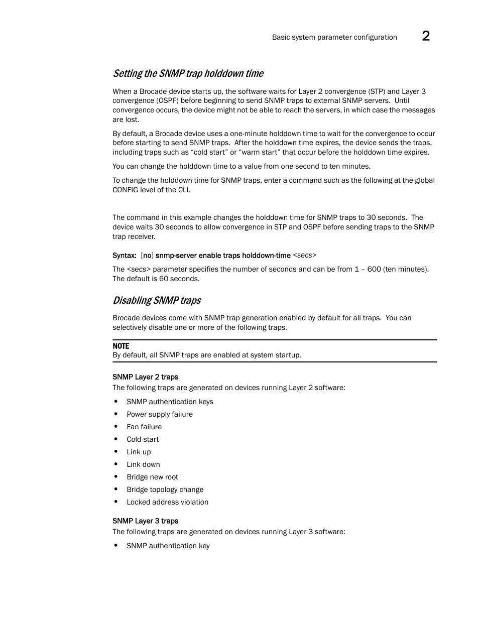 Setting the snmp trap holddown time, Disabling snmp traps | Brocade Communications Systems Brocade ICX 6650 User Manual | Page 35 / 330
