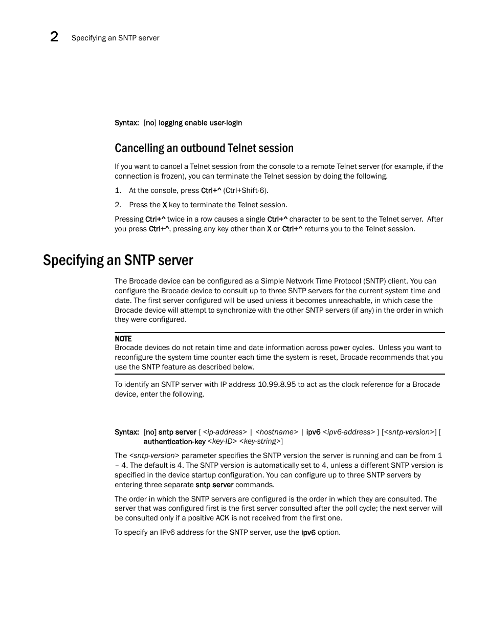 Cancelling an outbound telnet session, Specifying an sntp server | Brocade Communications Systems Brocade ICX 6650 User Manual | Page 38 / 330