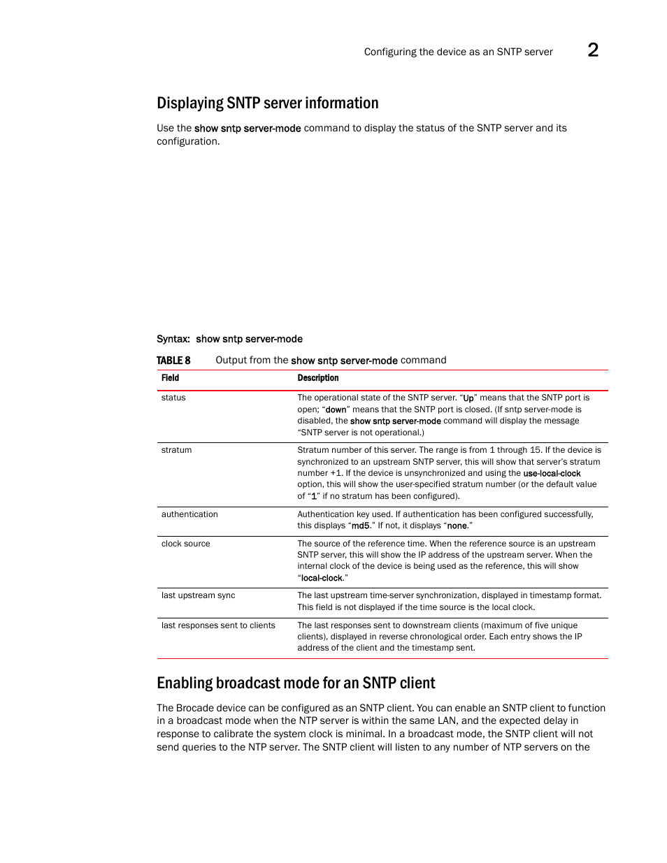 Displaying sntp server information, Enabling broadcast mode for an sntp client | Brocade Communications Systems Brocade ICX 6650 User Manual | Page 43 / 330