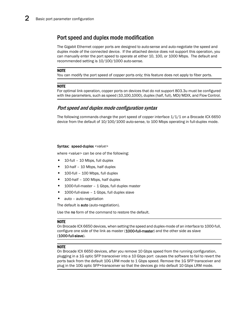 Port speed and duplex mode modification, Port speed and duplex mode configuration syntax | Brocade Communications Systems Brocade ICX 6650 User Manual | Page 50 / 330