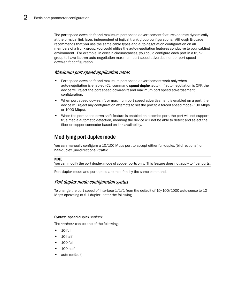 Modifying port duplex mode, Port duplex mode configuration syntax | Brocade Communications Systems Brocade ICX 6650 User Manual | Page 52 / 330