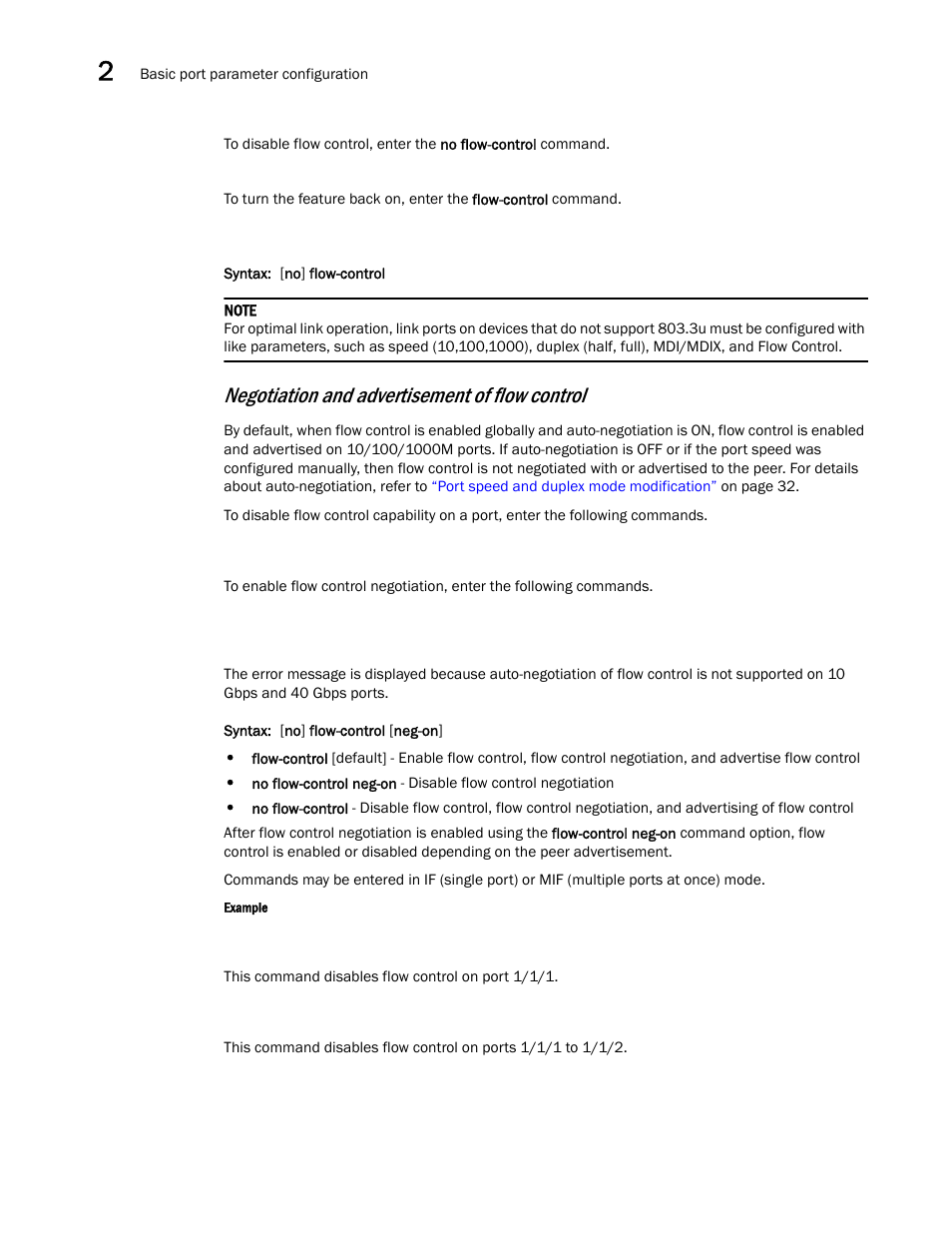 Negotiation and advertisement of flow control | Brocade Communications Systems Brocade ICX 6650 User Manual | Page 54 / 330