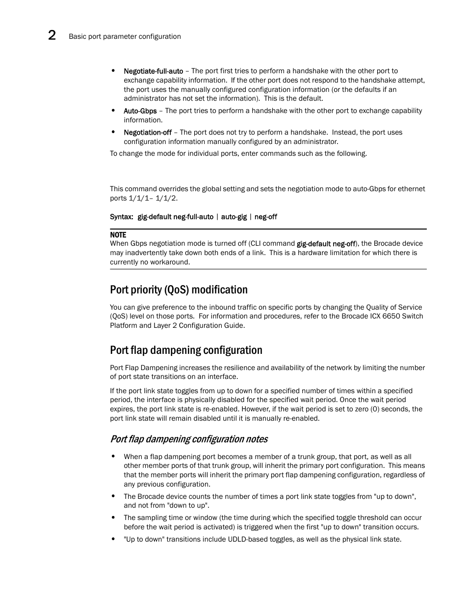 Port priority (qos) modification, Port flap dampening configuration | Brocade Communications Systems Brocade ICX 6650 User Manual | Page 58 / 330