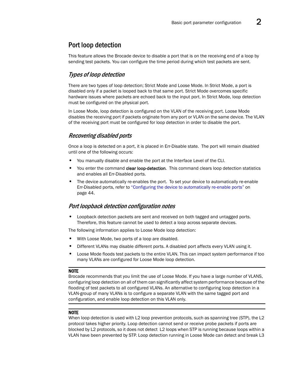 Port loop detection, Types of loop detection, Recovering disabled ports | Brocade Communications Systems Brocade ICX 6650 User Manual | Page 61 / 330