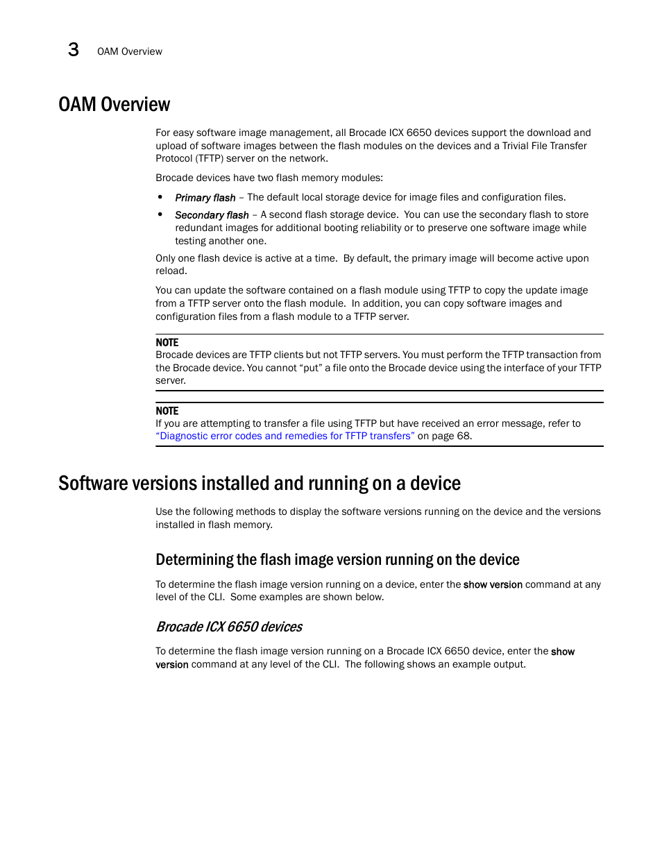 Oam overview, Brocade icx 6650 devices | Brocade Communications Systems Brocade ICX 6650 User Manual | Page 68 / 330