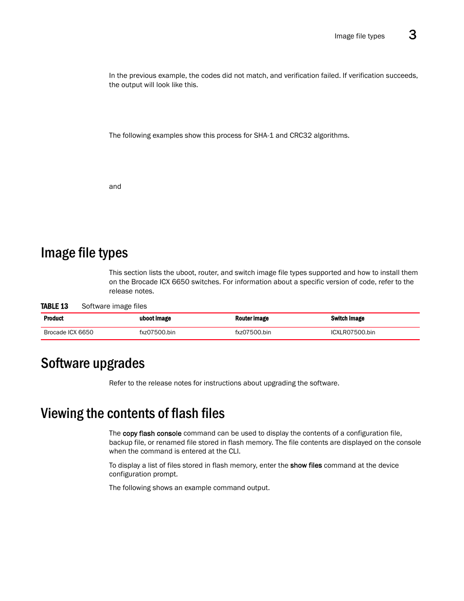 Image file types, Software upgrades, Viewing the contents of flash files | Brocade Communications Systems Brocade ICX 6650 User Manual | Page 71 / 330