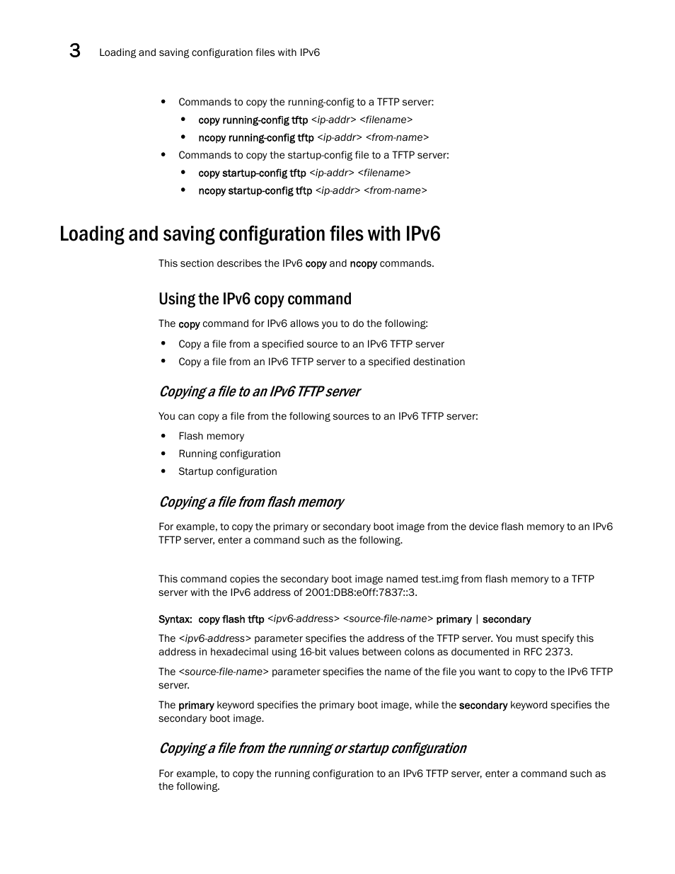 Loading and saving configuration files with ipv6, Using the ipv6 copy command, Using the ipv6 copy | Command, Copying a file to an ipv6 tftp server | Brocade Communications Systems Brocade ICX 6650 User Manual | Page 80 / 330
