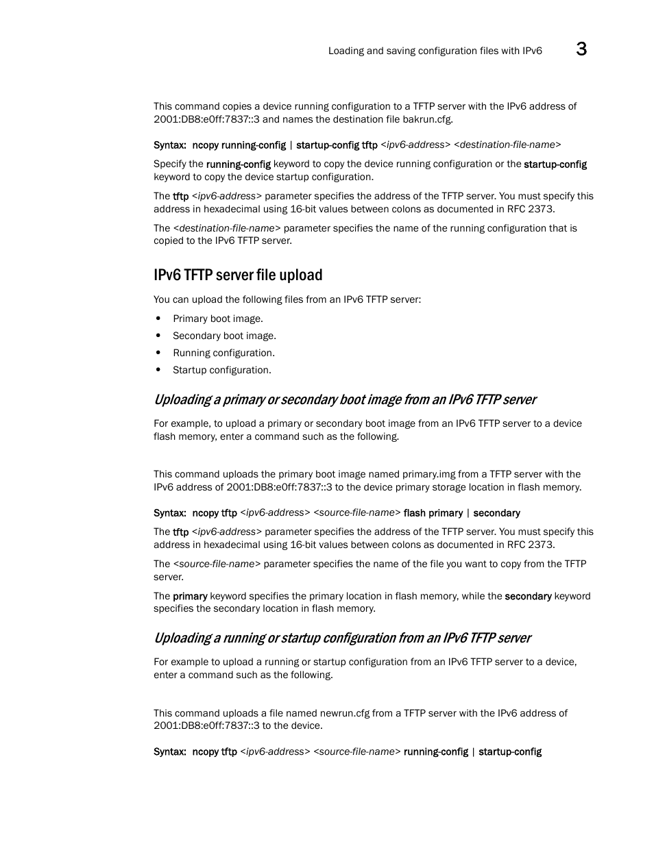 Ipv6 tftp server file upload | Brocade Communications Systems Brocade ICX 6650 User Manual | Page 83 / 330