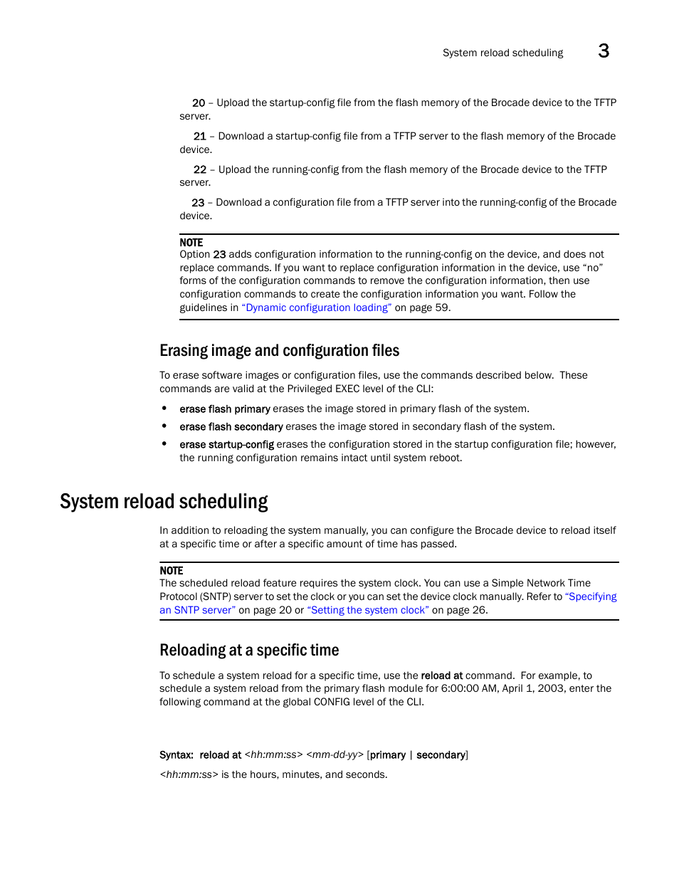 Erasing image and configuration files, System reload scheduling, Reloading at a specific time | Brocade Communications Systems Brocade ICX 6650 User Manual | Page 85 / 330