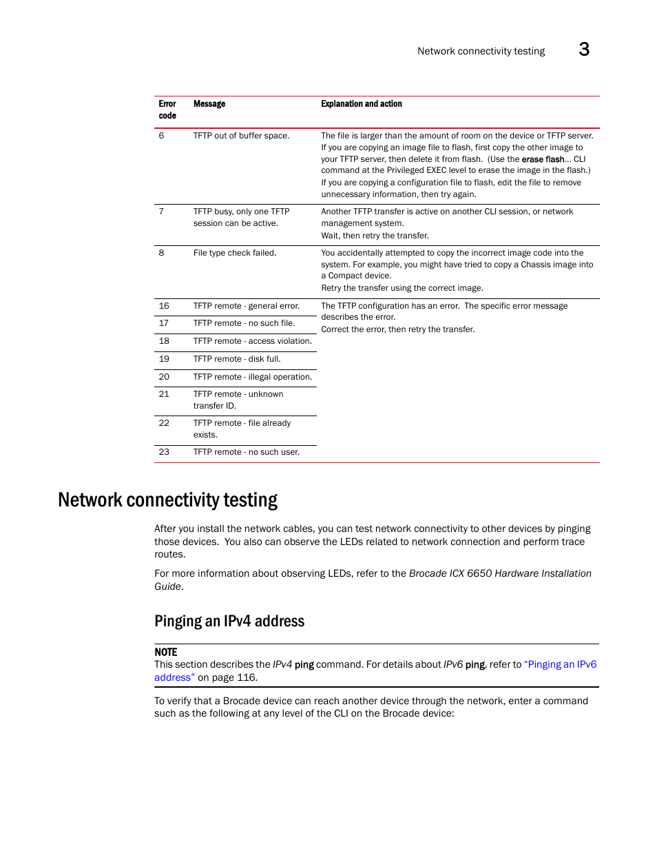 Network connectivity testing, Pinging an ipv4 address | Brocade Communications Systems Brocade ICX 6650 User Manual | Page 87 / 330