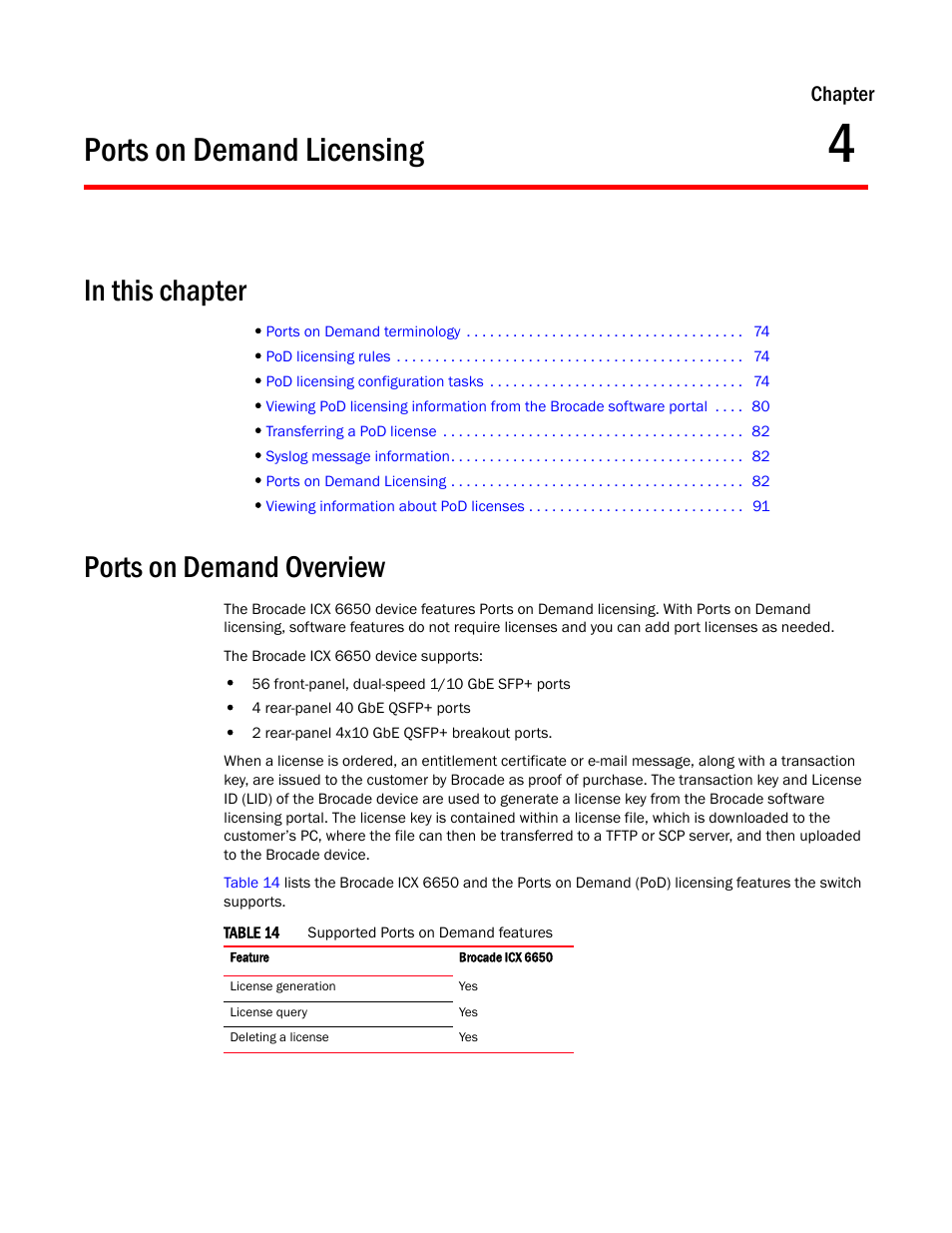 Ports on demand licensing, Ports on demand overview, Chapter 4 | Chapter | Brocade Communications Systems Brocade ICX 6650 User Manual | Page 91 / 330