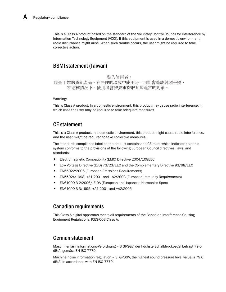 Bsmi statement (taiwan), Ce statement, Canadian requirements | German statement | Brocade Communications Systems Brocade VDX 8770-4 User Manual | Page 100 / 116