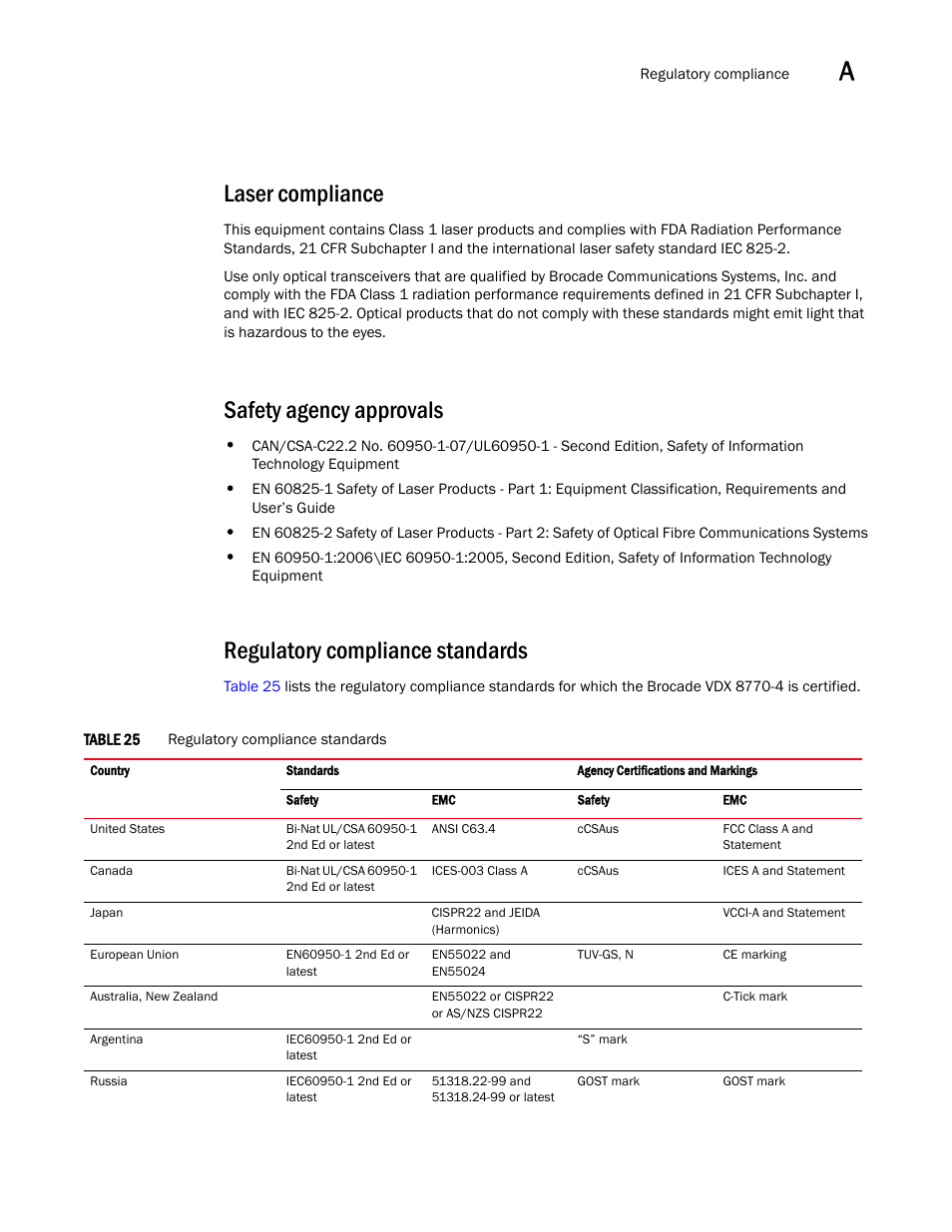 Laser compliance, Safety agency approvals, Regulatory compliance standards | Table 25 | Brocade Communications Systems Brocade VDX 8770-4 User Manual | Page 101 / 116