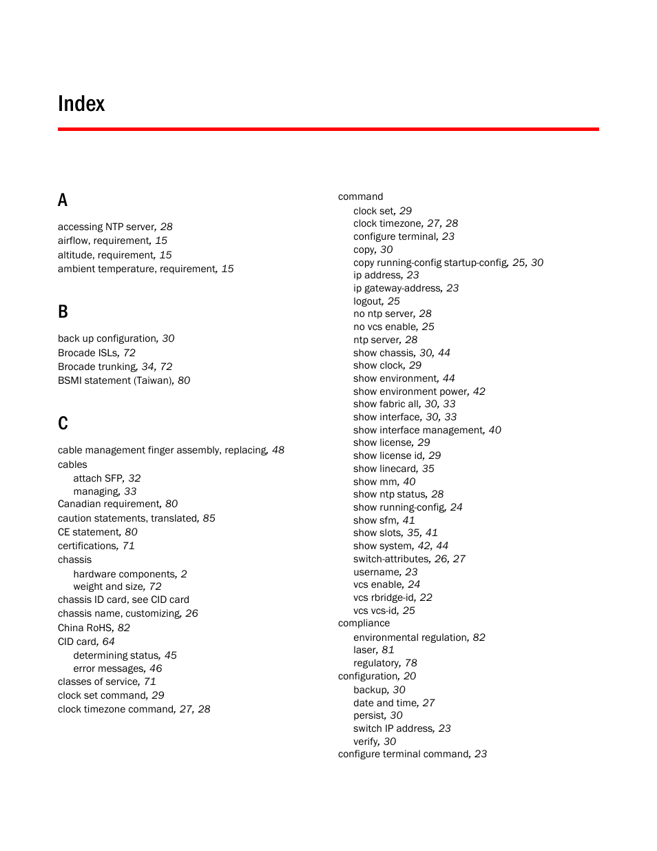 Index | Brocade Communications Systems Brocade VDX 8770-4 User Manual | Page 111 / 116