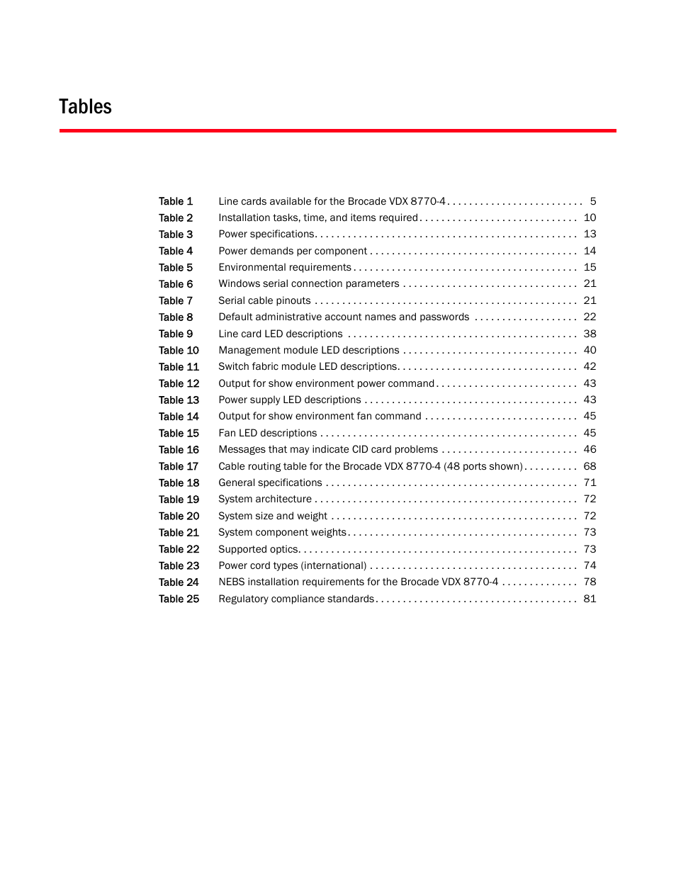 Tables | Brocade Communications Systems Brocade VDX 8770-4 User Manual | Page 13 / 116