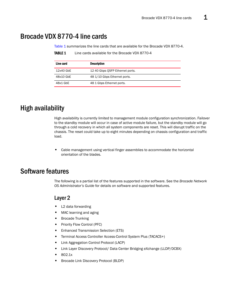 Brocade vdx 8770-4 line cards, High availability, Software features | Layer 2, Table 1 | Brocade Communications Systems Brocade VDX 8770-4 User Manual | Page 25 / 116