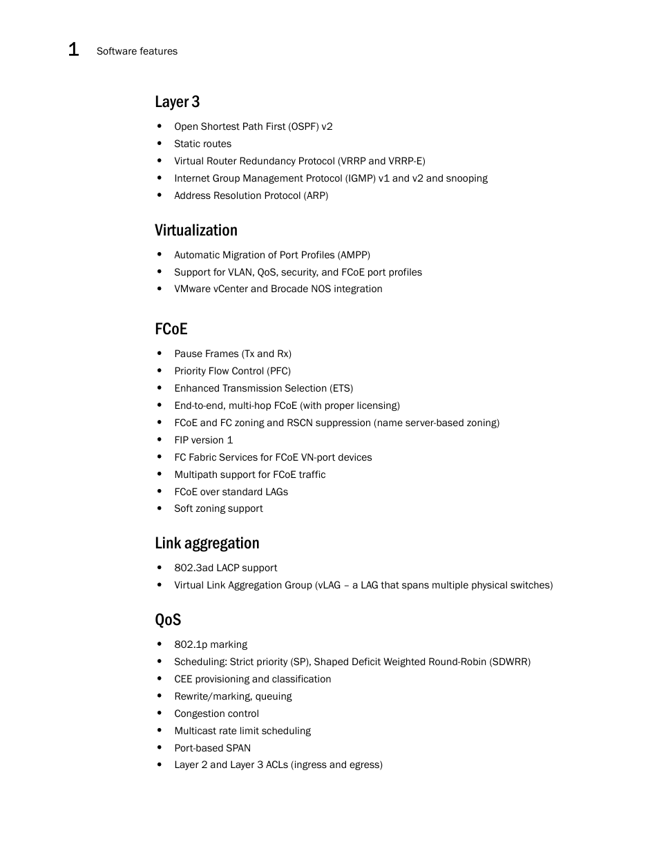 Layer 3, Virtualization, Fcoe | Link aggregation, Layer 3 virtualization fcoe link aggregation qos | Brocade Communications Systems Brocade VDX 8770-4 User Manual | Page 26 / 116