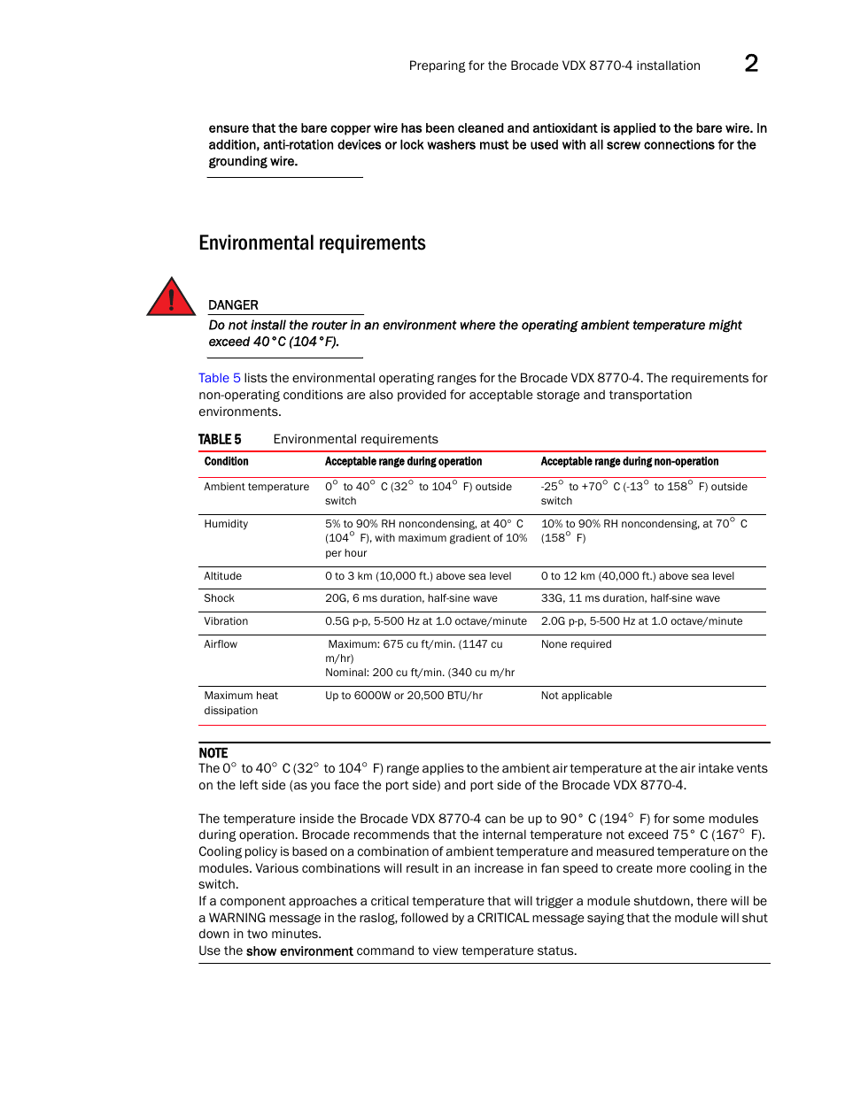Environmental requirements, Table 5 | Brocade Communications Systems Brocade VDX 8770-4 User Manual | Page 35 / 116