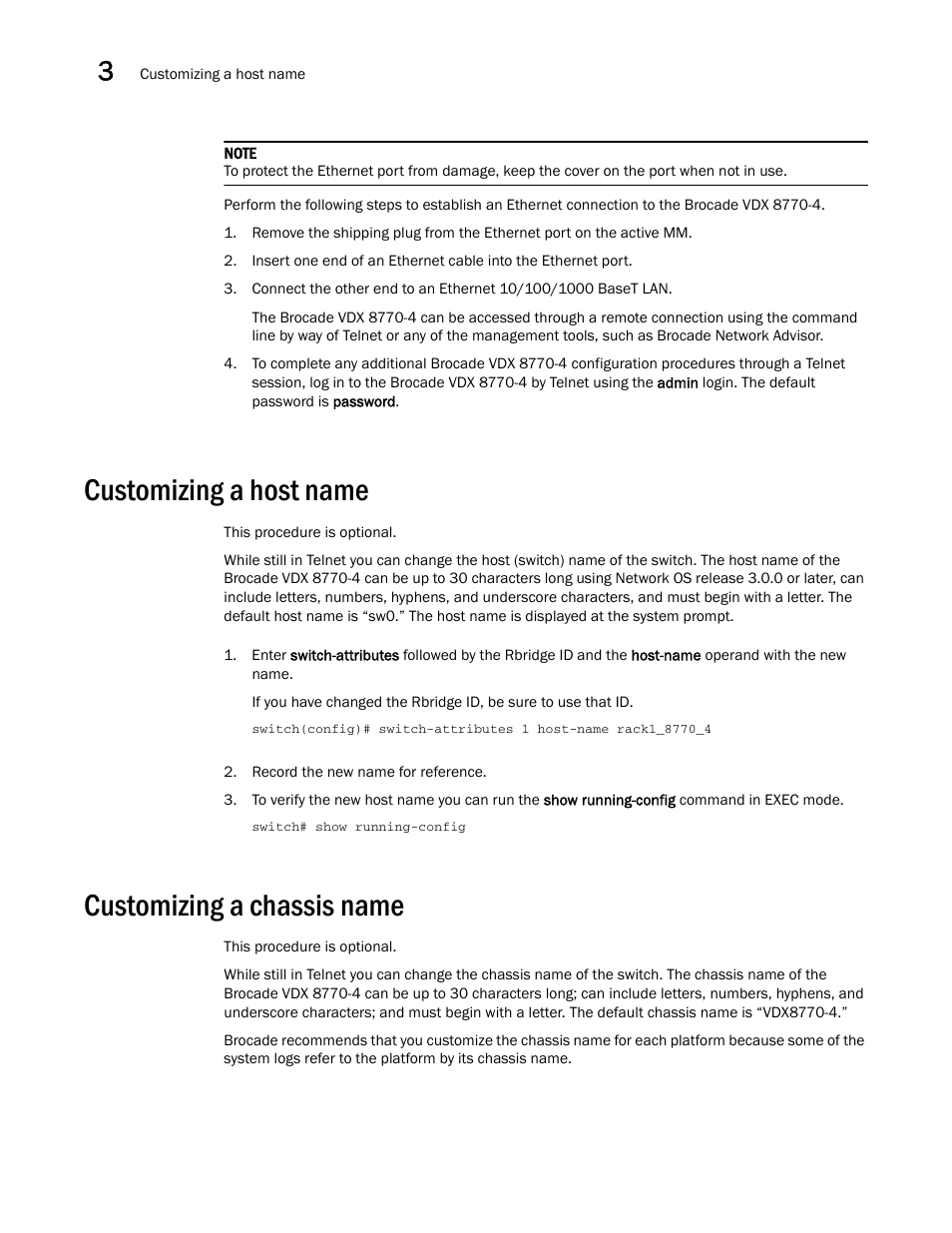 Customizing a host name, Customizing a chassis name | Brocade Communications Systems Brocade VDX 8770-4 User Manual | Page 46 / 116