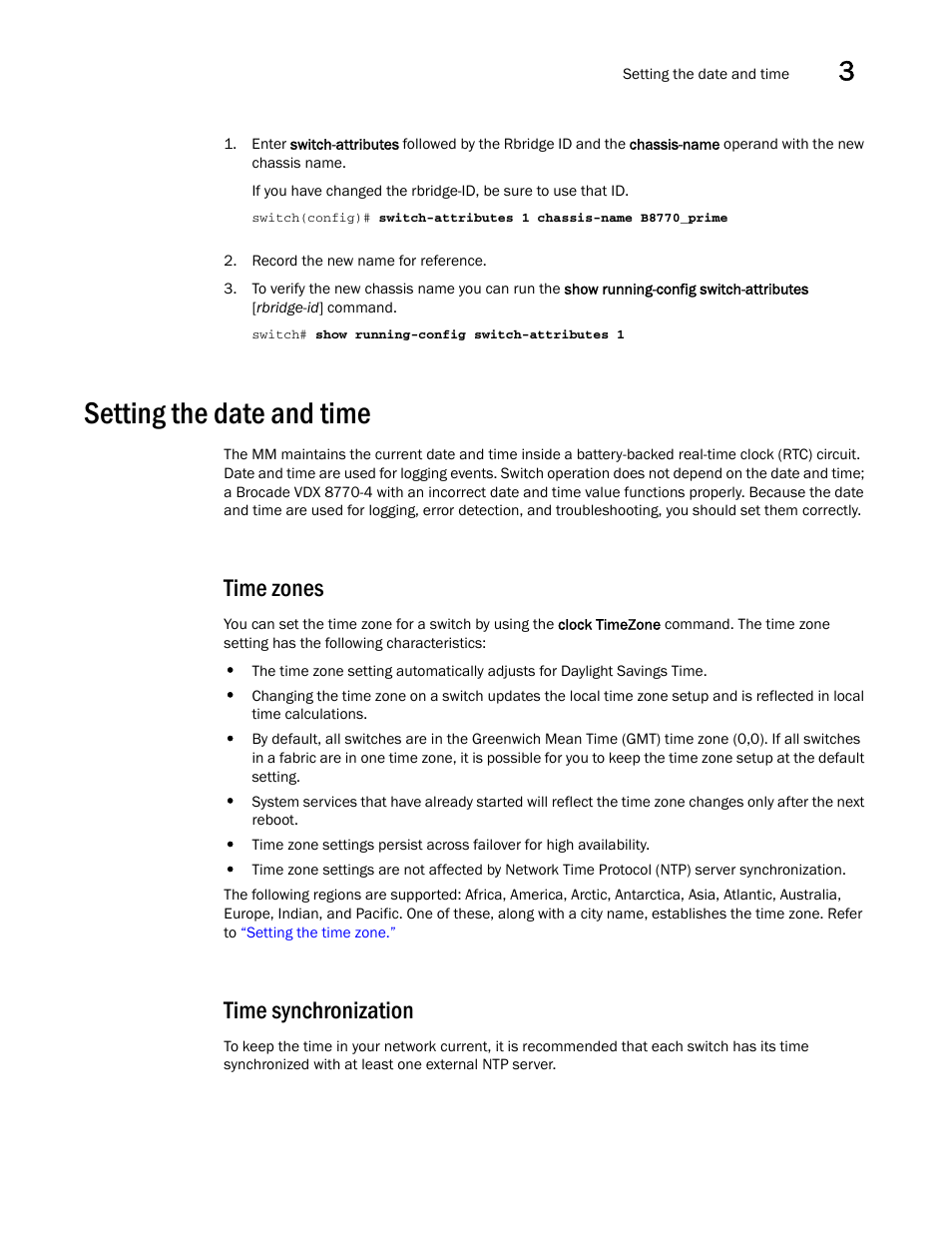 Setting the date and time, Time zones, Time synchronization | Brocade Communications Systems Brocade VDX 8770-4 User Manual | Page 47 / 116