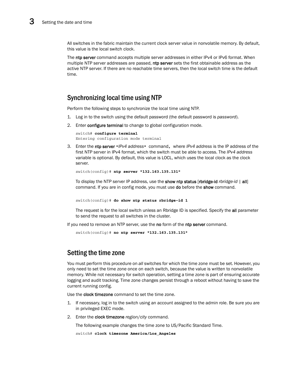 Synchronizing local time using ntp, Setting the time zone | Brocade Communications Systems Brocade VDX 8770-4 User Manual | Page 48 / 116